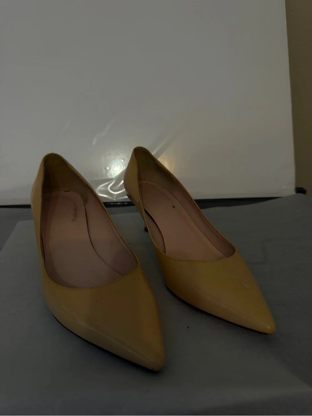 kate spade Pointed-Toe Patent Leather Pumps in Mustard Yellow